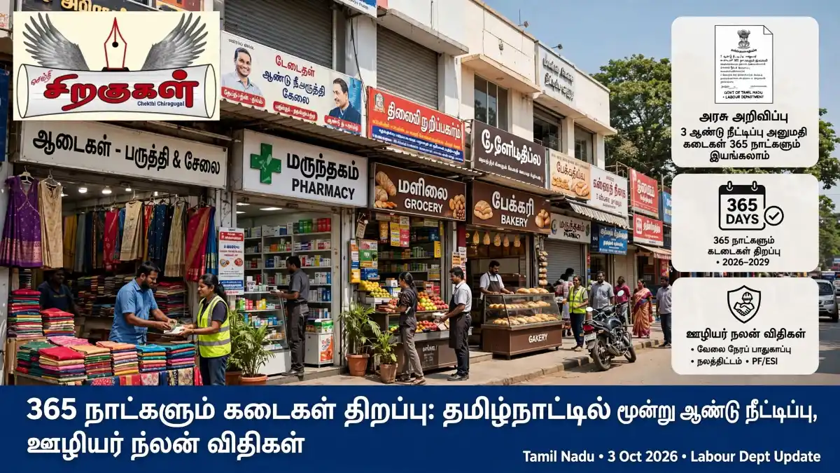365 நாட்களும் கடைகள் திறப்பு: தமிழ்நாட்டில் மூன்று ஆண்டு நீட்டிப்பு, ஊழியர் நலன் விதிகள்