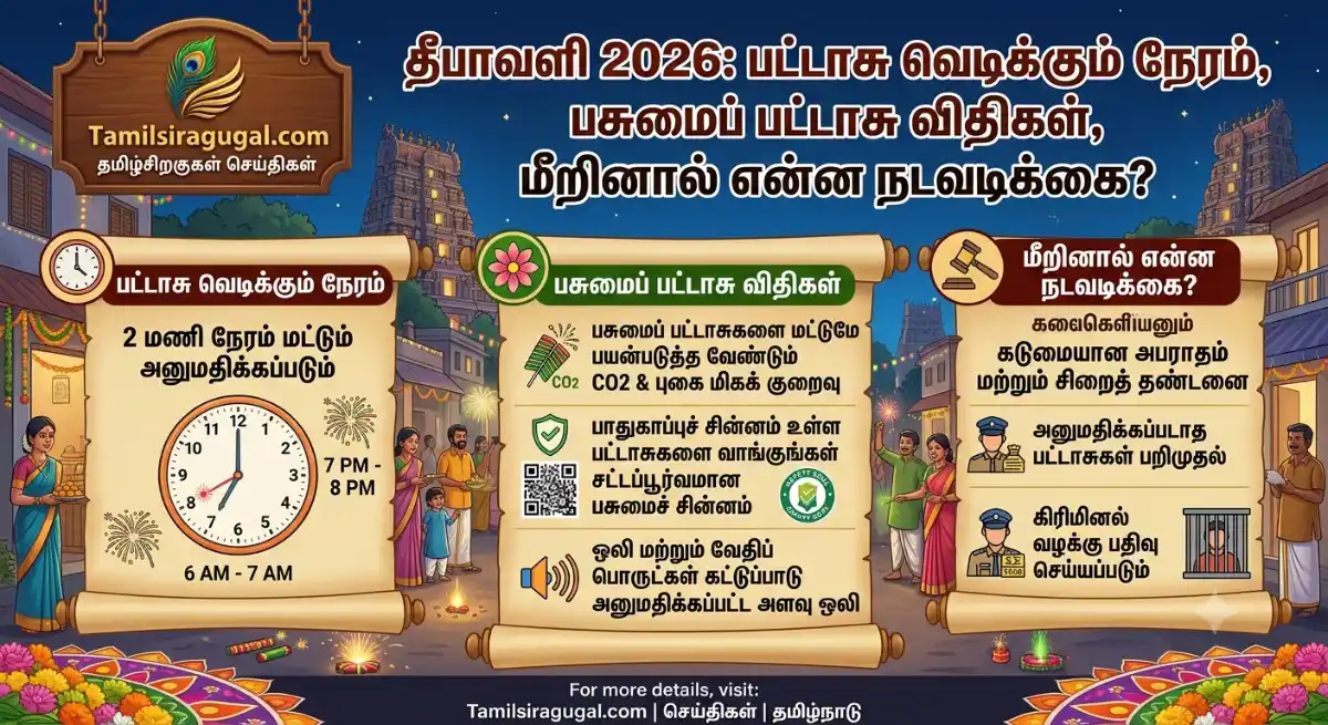 தீபாவளி 2026: பட்டாசு வெடிக்கும் நேரம், பசுமைப் பட்டாசு விதிகள், மீறினால் என்ன நடவடிக்கை?