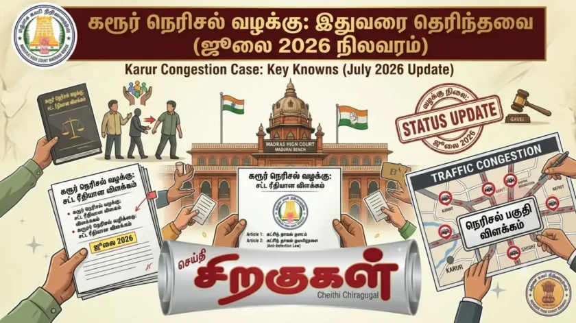 Draw a featured image for the articlகரூர் நெரிசல் வழக்கு: இதுவரை தெரிந்தவை (ஜூலை 2026 நிலவரம்)