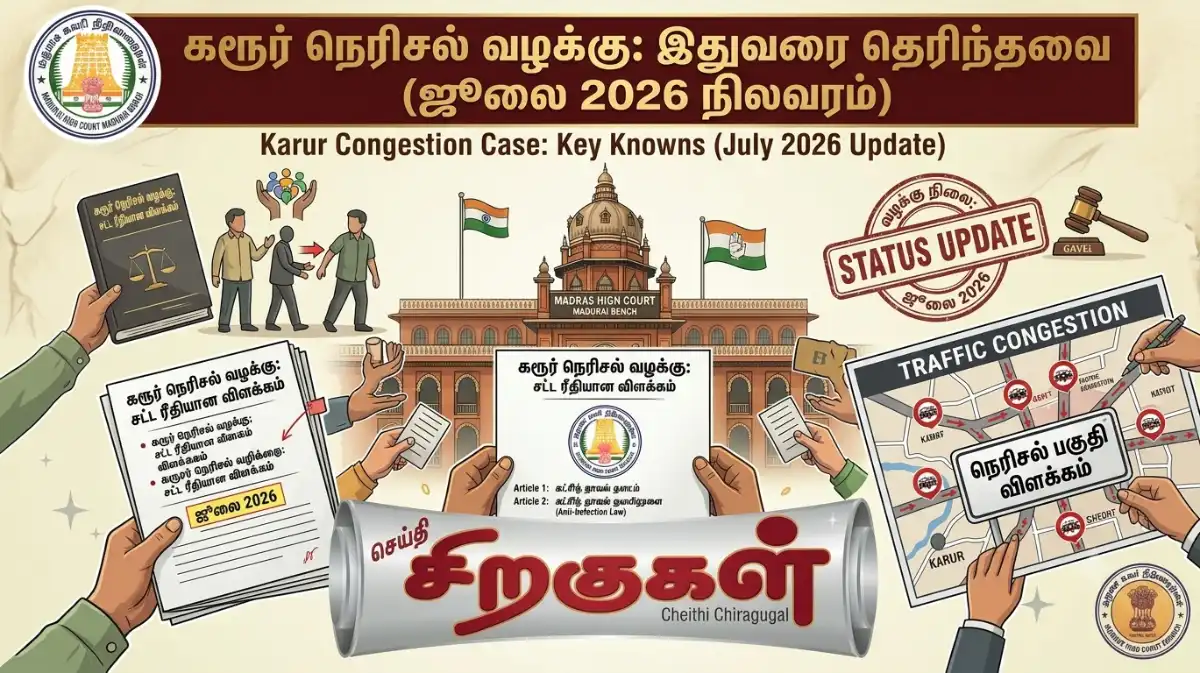Draw a featured image for the articlகரூர் நெரிசல் வழக்கு: இதுவரை தெரிந்தவை (ஜூலை 2026 நிலவரம்)