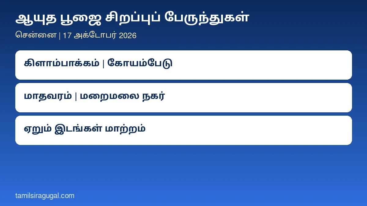 ஆயுத பூஜை சிறப்புப் பேருந்துகள்: சென்னையில் எங்கிருந்து எந்த ஊருக்கு? கிளாம்பாக்கம், மறைமலை நகர், கோயம்பேடு, மாதவரம் முழு விவரம்