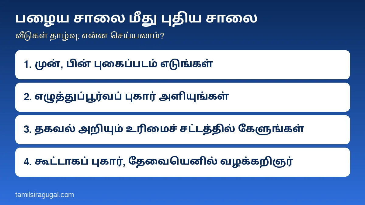 பழைய சாலை மீது புதிய சாலை போடுவதால் வீடுகள் தாழ்வாவது குறித்த விளக்கப்படம்