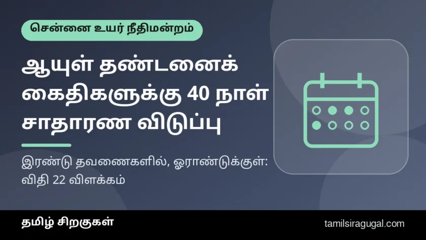 ஆயுள் தண்டனைக் கைதிகளுக்கு ஆண்டுக்கு 40 நாள் சாதாரண விடுப்பு: இரண்டு தவணைகள், ஓராண்டு விதி எப்படிச் செயல்படும்? உயர் நீதிமன்றம் விளக்கம்
