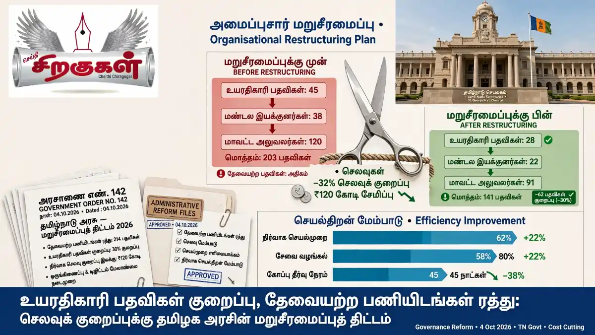 உயரதிகாரி பதவிகள் குறைப்பு, தேவையற்ற பணியிடங்கள் ரத்து: செலவுக் குறைப்புக்கு தமிழக அரசின் மறுசீரமைப்புத் திட்டம்