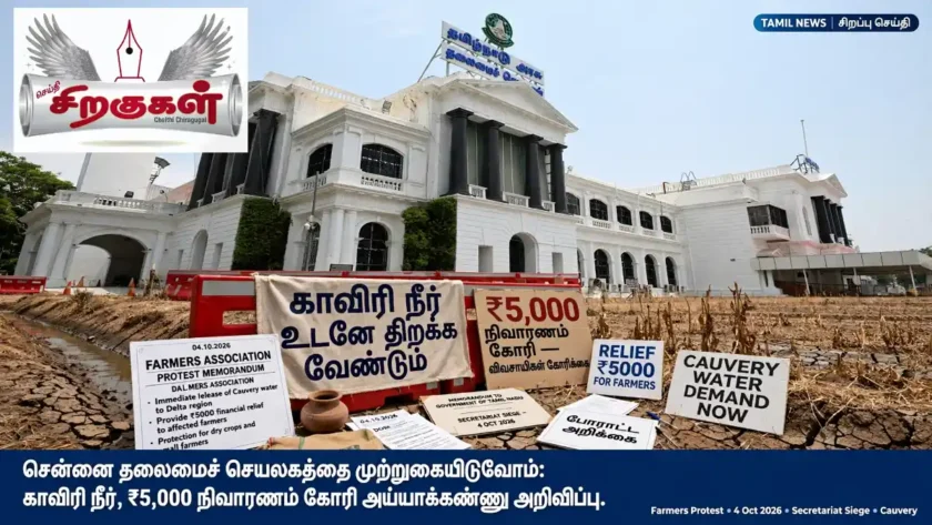 சென்னை தலைமைச் செயலகத்தை முற்றுகையிடுவோம் - காவிரி நீர் - ₹5,000 நிவாரணம் கோரி அய்யாக்கண்ணு அறிவிப்பு