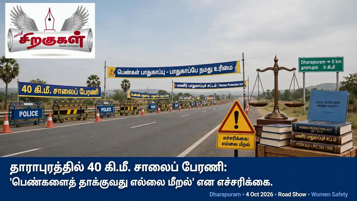 தாராபுரத்தில் முதல்வர் விஜய் 40 கி.மீ. சாலைப் பேரணி: 'பெண்களைத் தாக்குவது எல்லை மீறல்' என எச்சரிக்கை