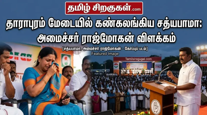 Draw a featured image using the screen shot for an article for Tamil news portal "Tamilsiragugal.com" in the topic "தாராபுரம் மேடையில் கண்கலங்கிய சத்யபாமா: அமைச்சர் ராஜ்மோகன் விளக்கம்"