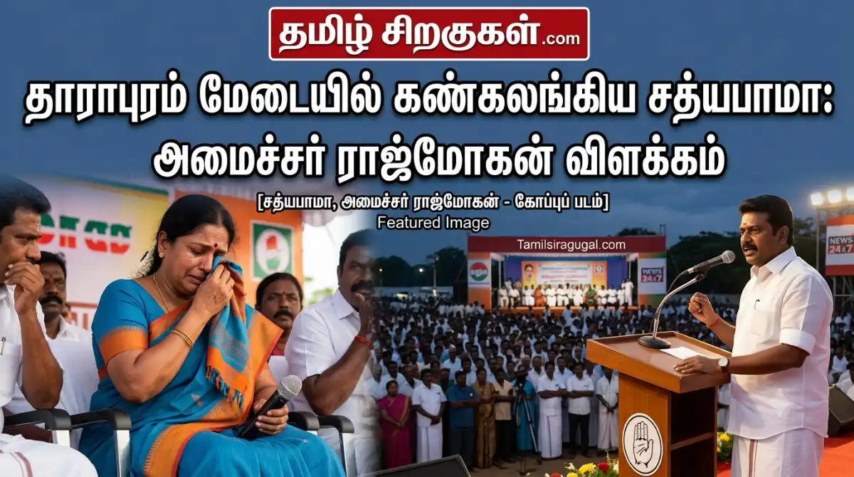Draw a featured image using the screen shot for an article for Tamil news portal "Tamilsiragugal.com" in the topic "தாராபுரம் மேடையில் கண்கலங்கிய சத்யபாமா: அமைச்சர் ராஜ்மோகன் விளக்கம்"